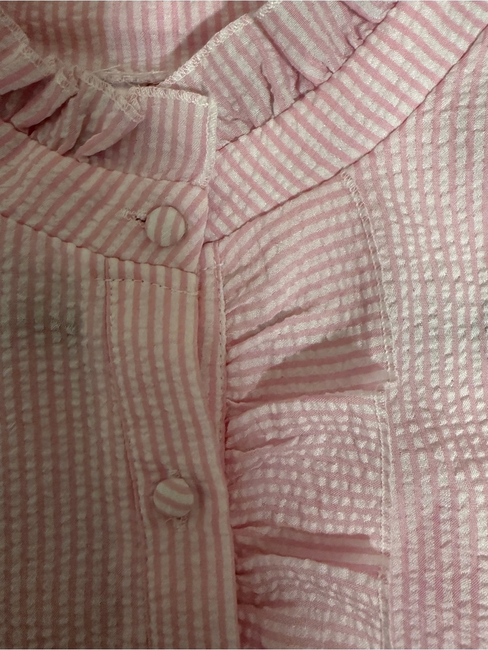 Women's Pink Seersucker Ruffle-Trim Button Up Top - Picture 4 of 5